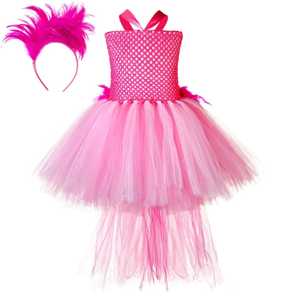 Hot Pink Flamingo Costumes for Girls Feathers Bird Dresses for Kids Halloween Birthday Outfit Princess High Low Ballet Tutus Set