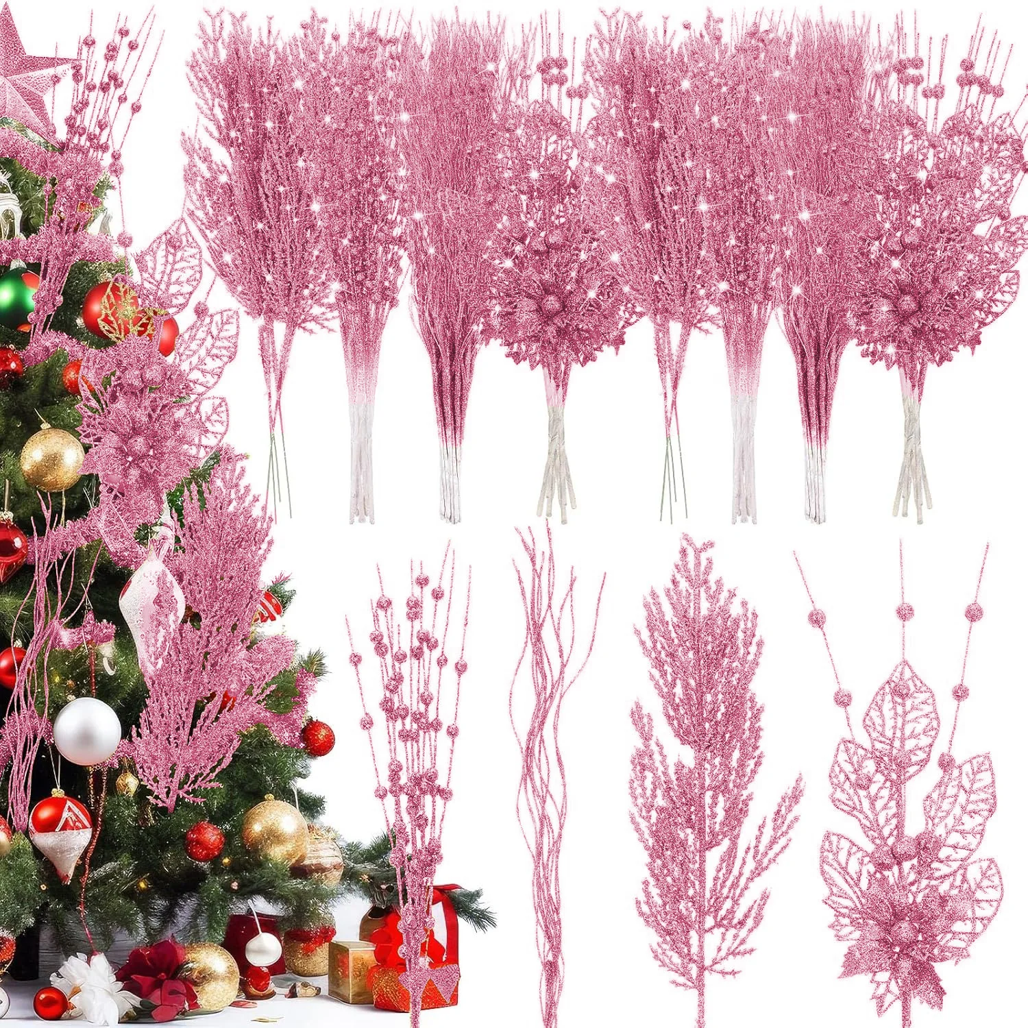 8/16Pcs Pink Artificial Berry Bouquet Christmas Decoration Xmas Tree Ornaments for Home Decor New Year 2026 Gift Accessories