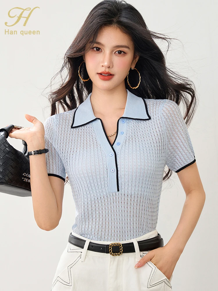 

H Han Queen New Knit Polo Women's Sweater Summer 2025 Chic Korean Fashion Elegant Casual Short Sleeve Pullover Wear Work Blouse