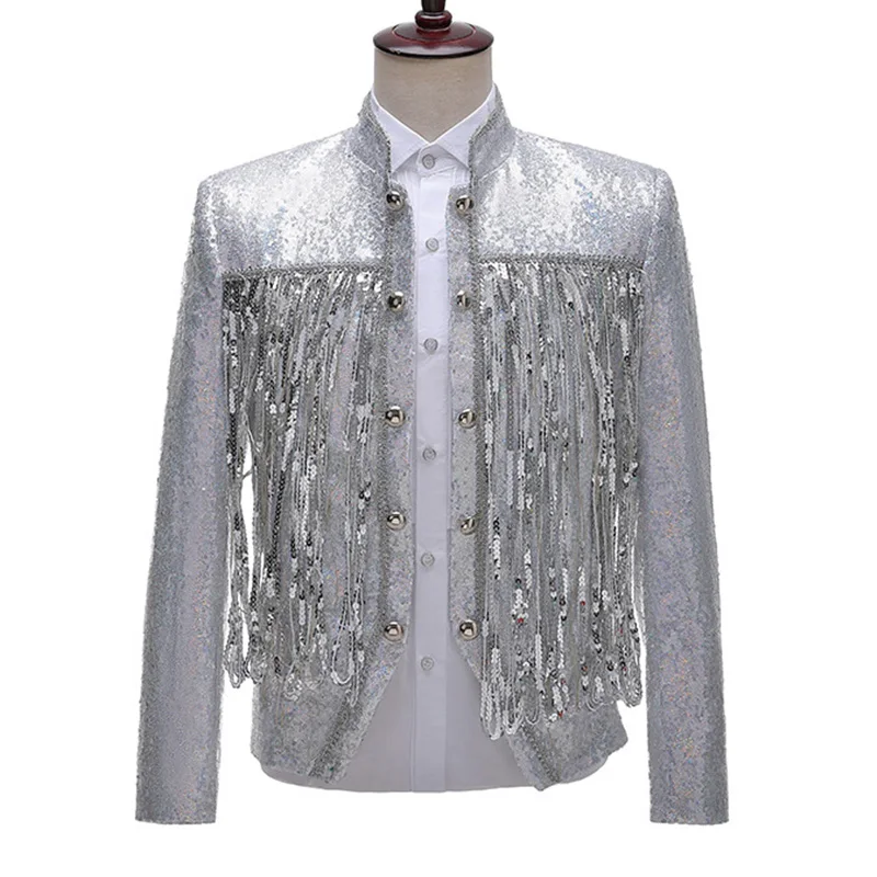 

Double Breasted Open Placket Men Punk Style Sequin Jacket Tasselled Design Stand Collar Silver Jacket Stage Costume