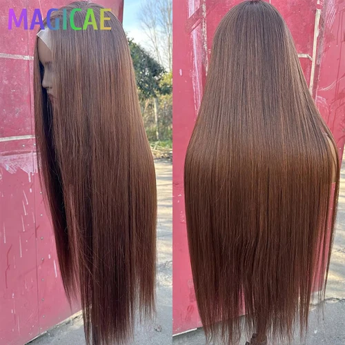 Imagen 2 del producto Magicae 330 gramos 36 pulgadas 4x4 pelucas delanteras de encaje pelucas marrón castaño resaltado Rubio recto P27/613 #   Cosplay de alta temperatura