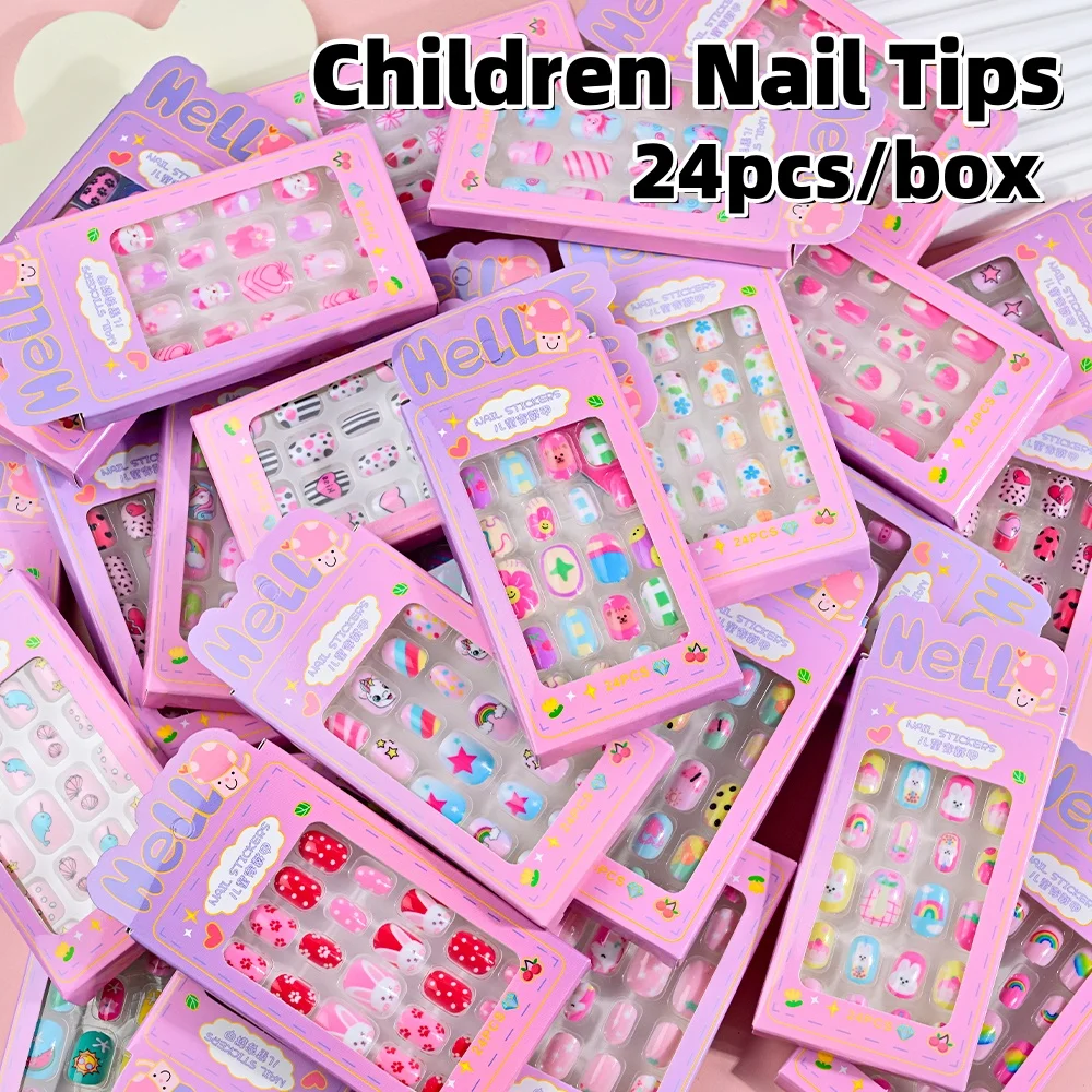 24Pcs/Box Lovely Unicorn Children Fake Nails Cartoon Press on Nails Detachable Pink Rabbit Rainbow Pattern Fake Nail Girls Gifts