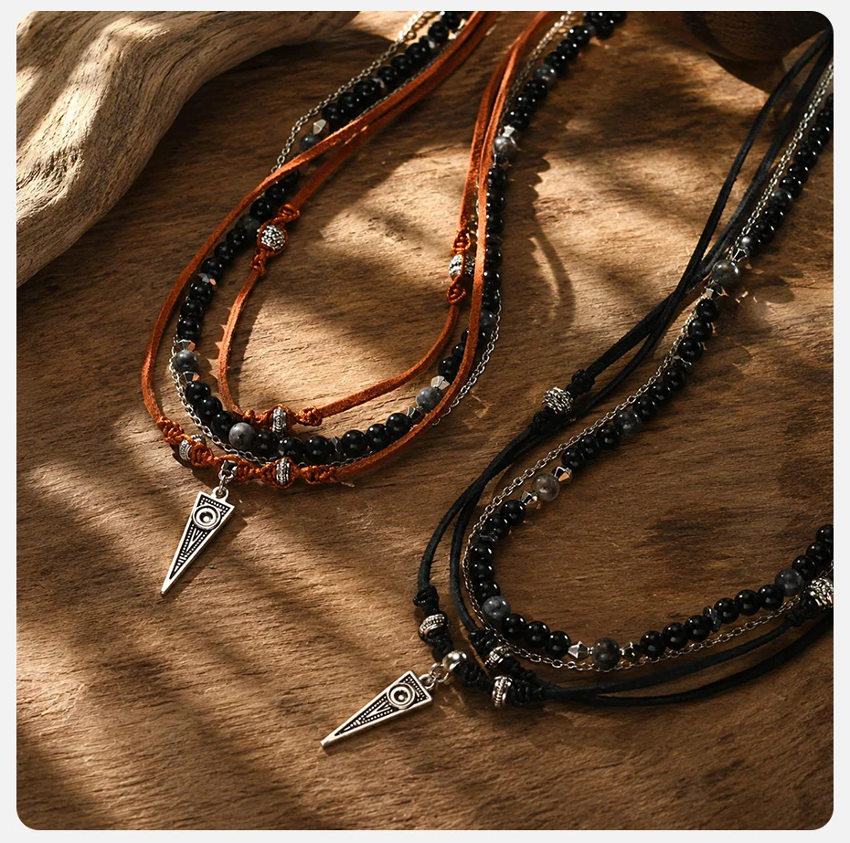 Vnox Herren Mehrschichtige braune Lederkette mit schwarzem Onyx-Perlenanhänger aus Legierung, dreieckig, Boho Surf, handgefertigte Halsketten, Schmuck, Geschenk – Detail 5