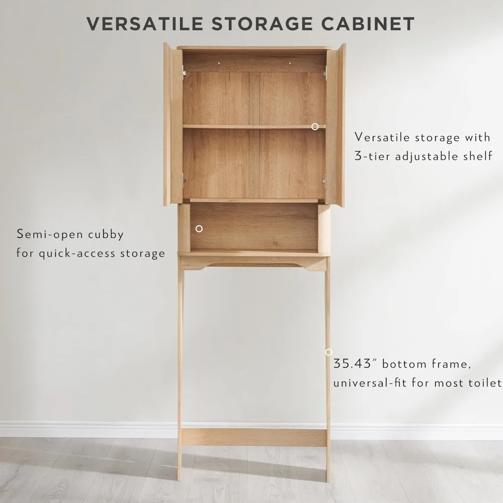 خزانة تخزين خشبية طويلة معاصرة للحمام مع رف قابل للتعديل ووصول إلى باب سلس
