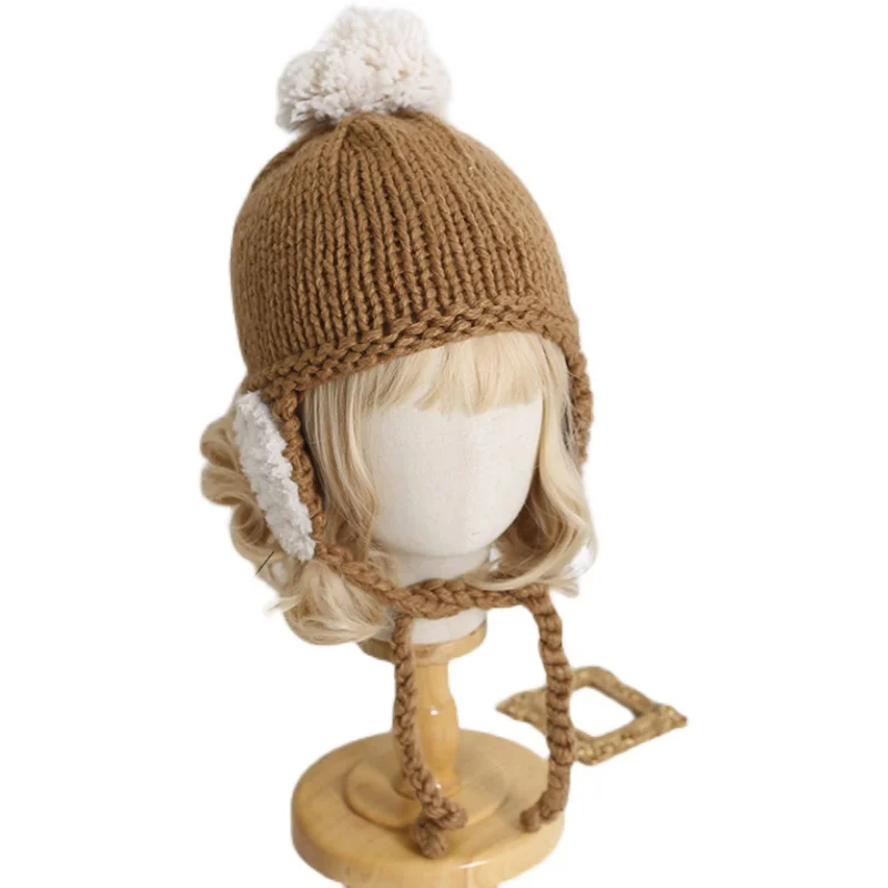 Outono e inverno macio menina doce e bonito coração proteção de orelha chapéu de malha grossa rosto destacando pequeno chapéu de lã