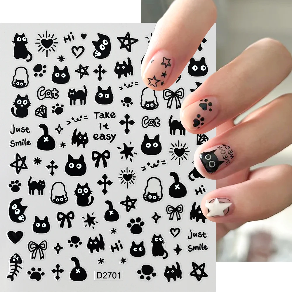 12 fogli Cartoon Black Cat Adesivi per unghie Set Azione multipla Kawaii Cucciolo Gattino Nail Art Decalcomanie Adesivo Bambini Manicure Decoratio