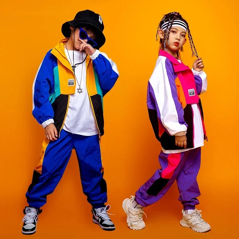 

Boys Hip Hop Contrast Coat Girls Jazz Joggers Clothes Set Kids Street Dance Patchwork Jacket Sweatpants Child Costume Streetwear