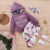 Baby Girl's Autumn Outfit Sets Purple Long Sleeve Letter Print Hooded Top + Floral Pants + Bowknot Headband