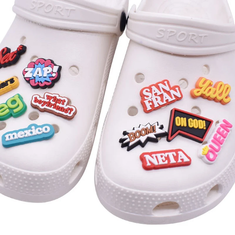 

Hot Sale 1pcs PVC Phrase Accessories for Crocs Charms Men Badge Women Sandals Buckle Kids Pins Shoe Decoration Jeans X-mas Gift