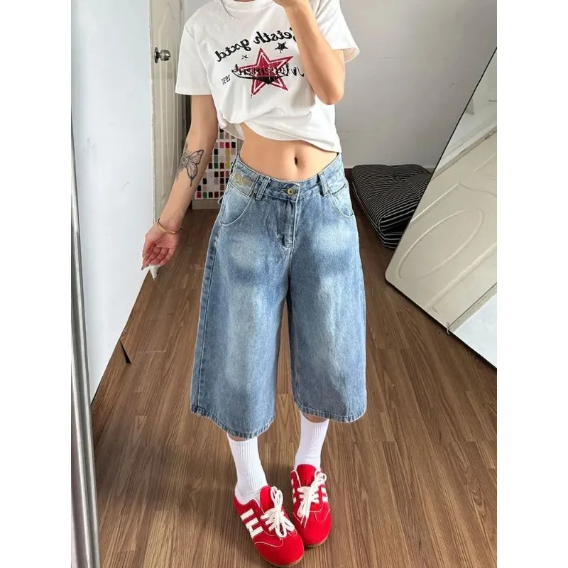 Women Vintage Textured Denim Capri Pants Paris Buckle High Waist Loose Wide Leg Cropped Jeans