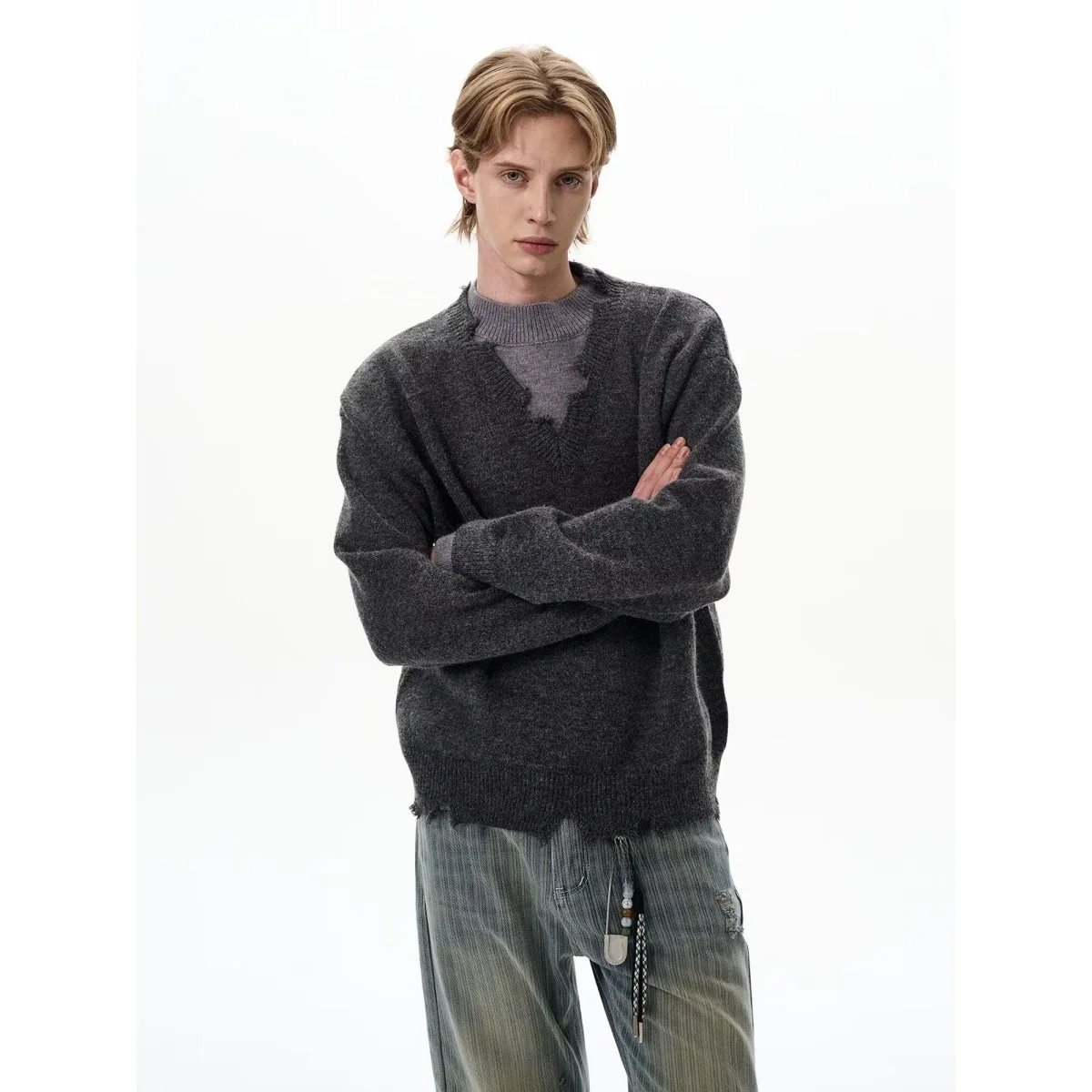 

Мужской свитер American Sle с застежкой-молнией, свободный вязаный свитер Lazy Design, зимняя мода, мягкое полиэфирное волокно, длинный свек Cre...