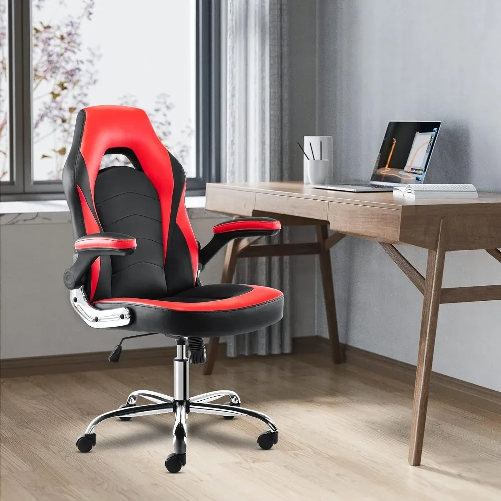 

Ergonomic Gaming Office Chair - PU Leather Executive Swivel Computer Desk and Chair with Flip Armrests and Lumbar Support