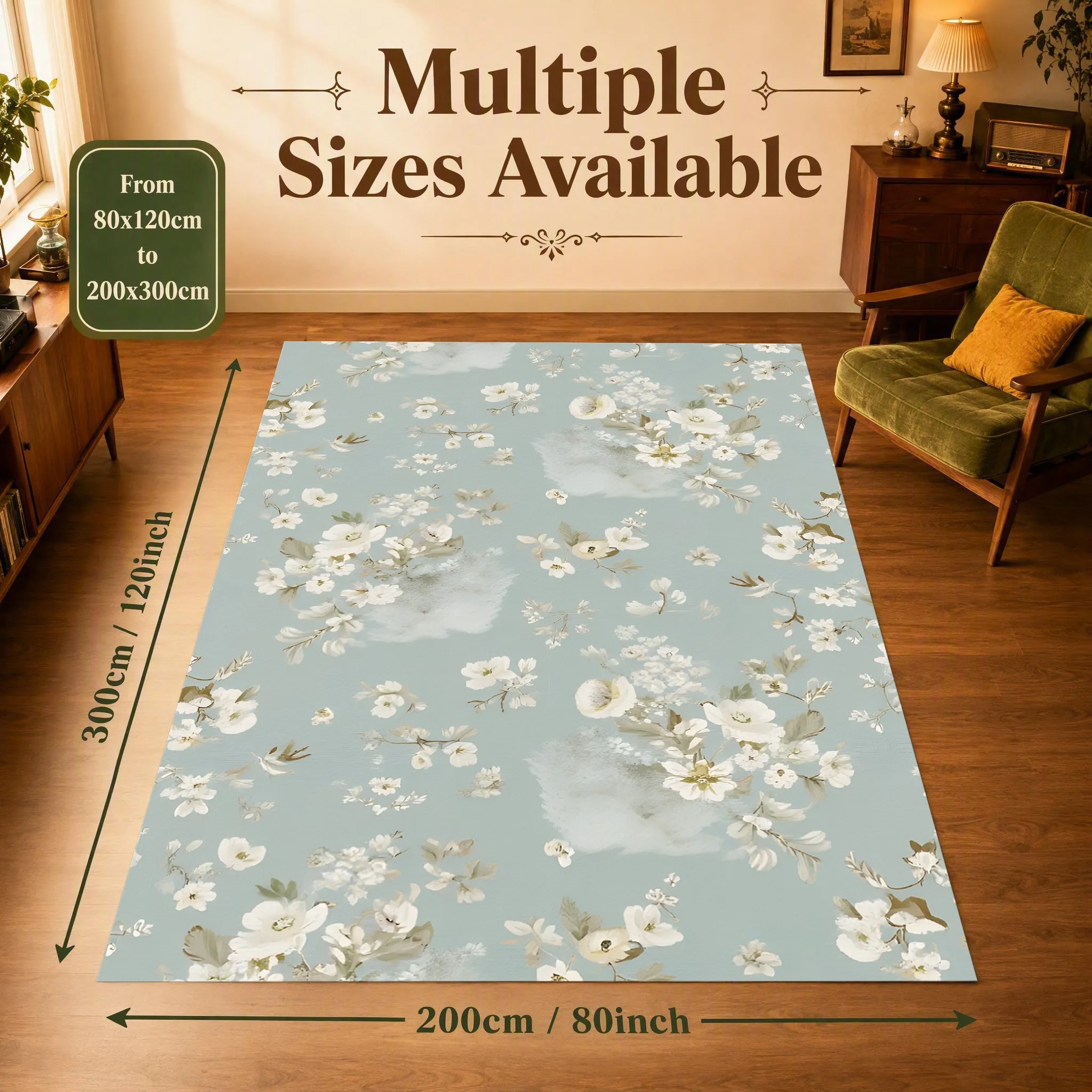 Velvet Rug Light Blue Base Creamy White Floral Print French Soft Style for Bedroom Living Room Decor