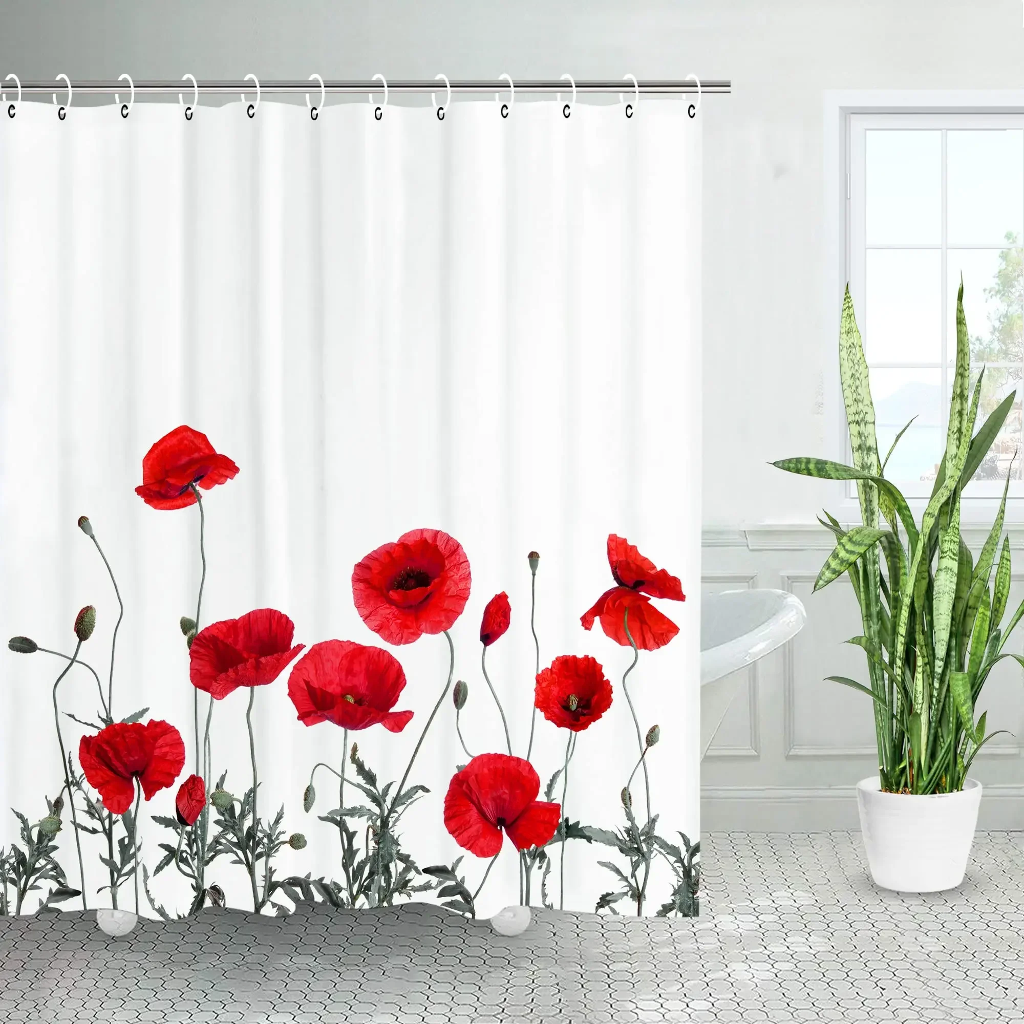 Floral Bathroom Shower Curtain Watercolour Flower Red Poppy Natural Plant Polyester Fabric Hanging Curtains Bathroom Decoration