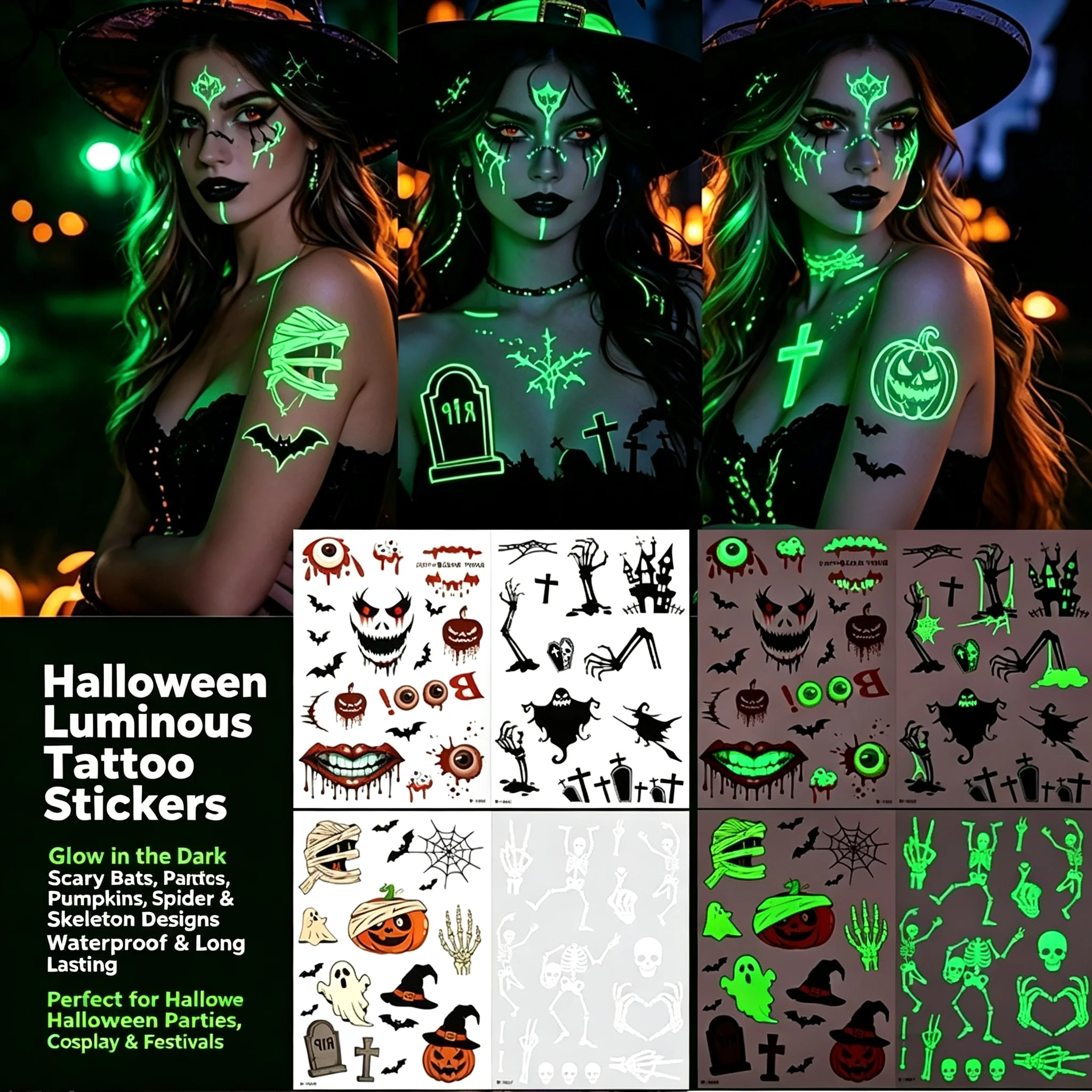 Halloween Temporary Tattoo Stickers, Waterproof Scary Fake Wound Pumpkin Spider Skeleton Face Body Stickers for Halloween Party
