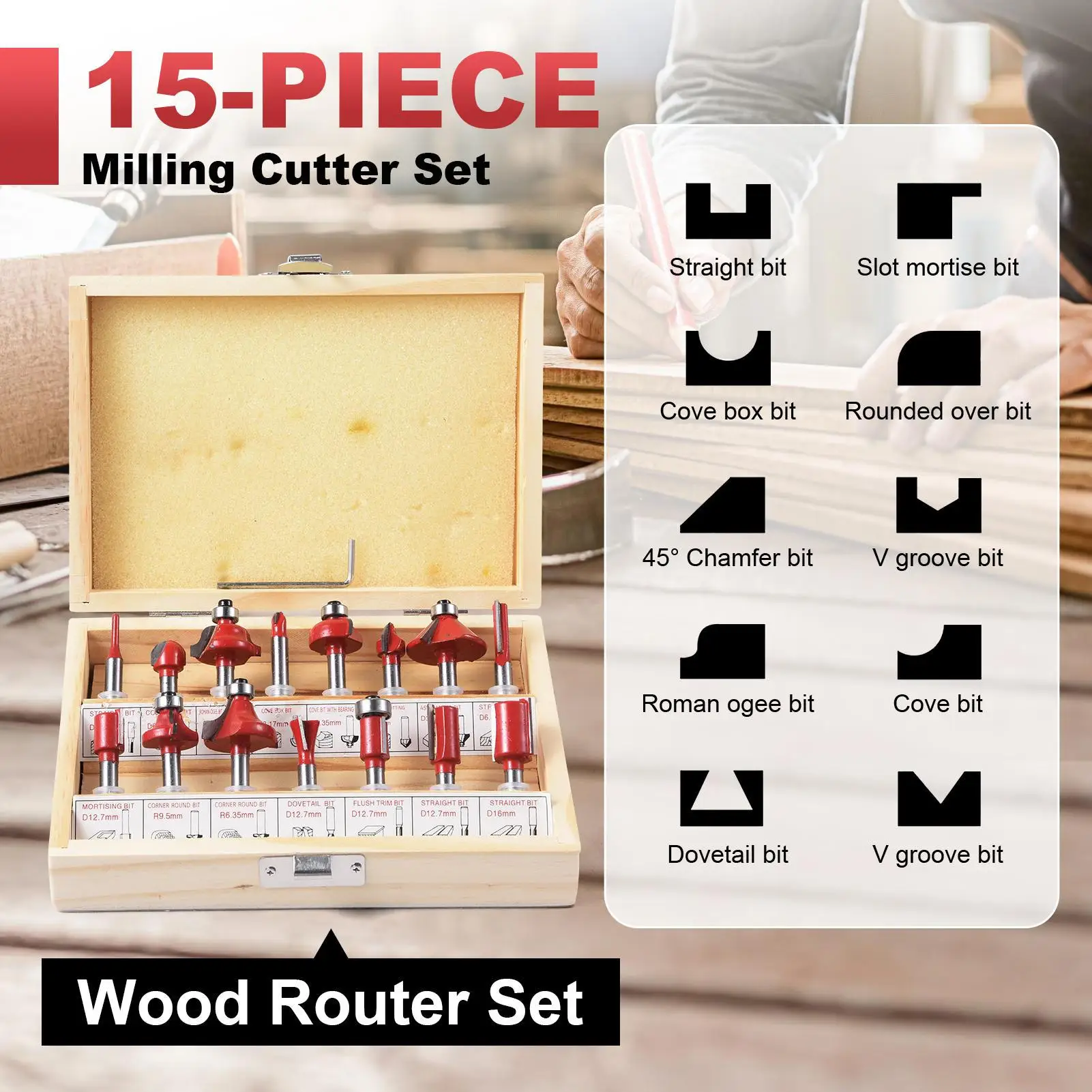 

Wood Router, 6 Variable Speed Wood Router Tool, Handheld Router Trigger, Electric Laminate Trimmer with 15 Piece Router Bit Set
