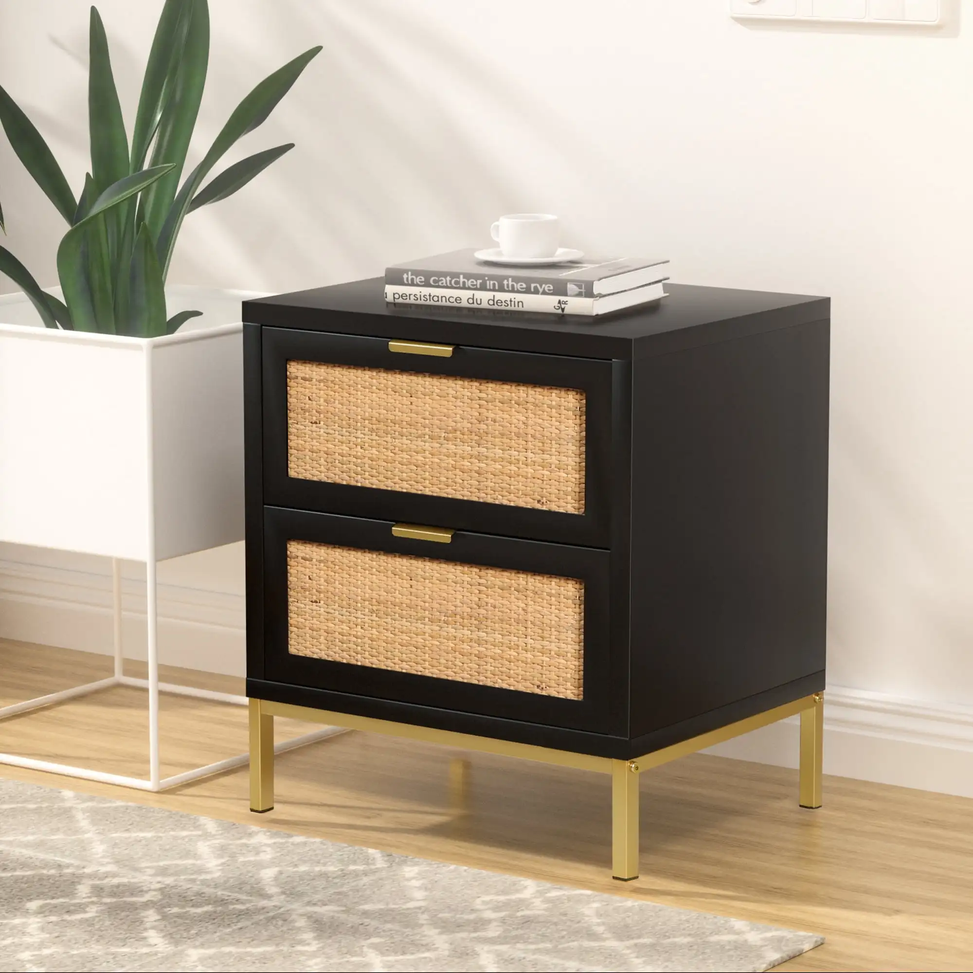 Natural Rattan 2 Drawer Nightstand Wood Storage Bedside Furniture for Bedroom Living Room Simple Sofa Side Table