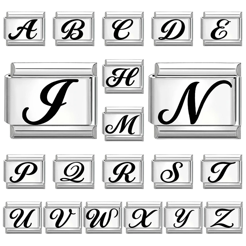 Y2K Laser Engraving 26 English A-Z Letters Black Italian Charm Links Fit 9mm Stainless Steel Bracelet DIY Making Jewelry Gifts