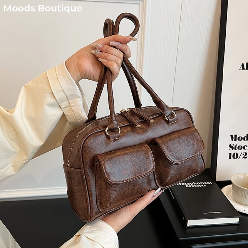 MOODS Commuter Shoulder Bags For Women Retro Multi Pockets Big Capacity Underarm Boston Pillow Bag 2024 Luxury Designer Handbags