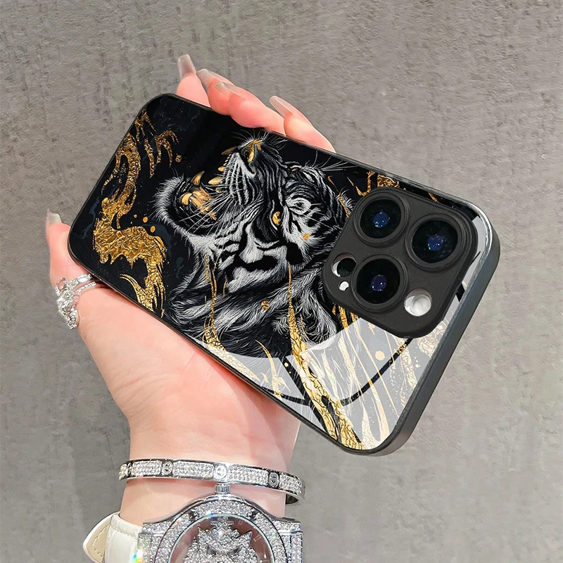 Fashion Golden Tiger Pattern Tempered Glass Phone Case For iPhone 17 16 15 Pro Max 14 13 12 11 17Air 16E 7 8 Plus XR XS X Cover