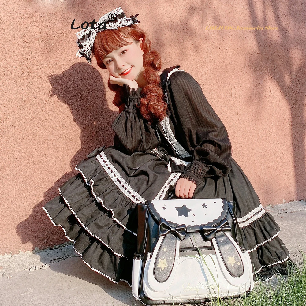 Cute Moon Star Rabbit Ear Ruffles Bow Backpack Haruku Soft Girl Handbag Gothic Sweet Lolita Shoulder Bag Student Schoolbag