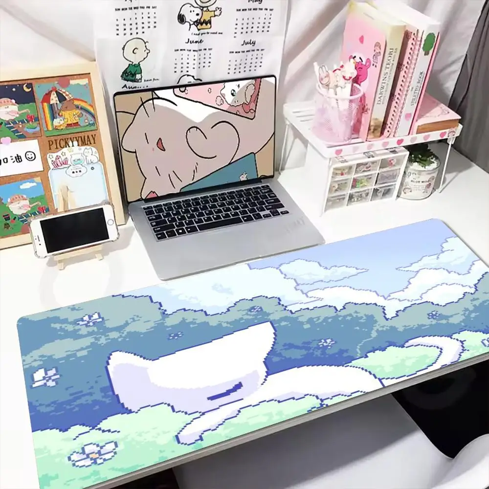 Cute Cartoon Cat XXL Gaming Mouse Pad Pixel White Kitten Deskmat Non-Slip Rubber Keyboard Mat Anime Black Cat Floral Mousepads