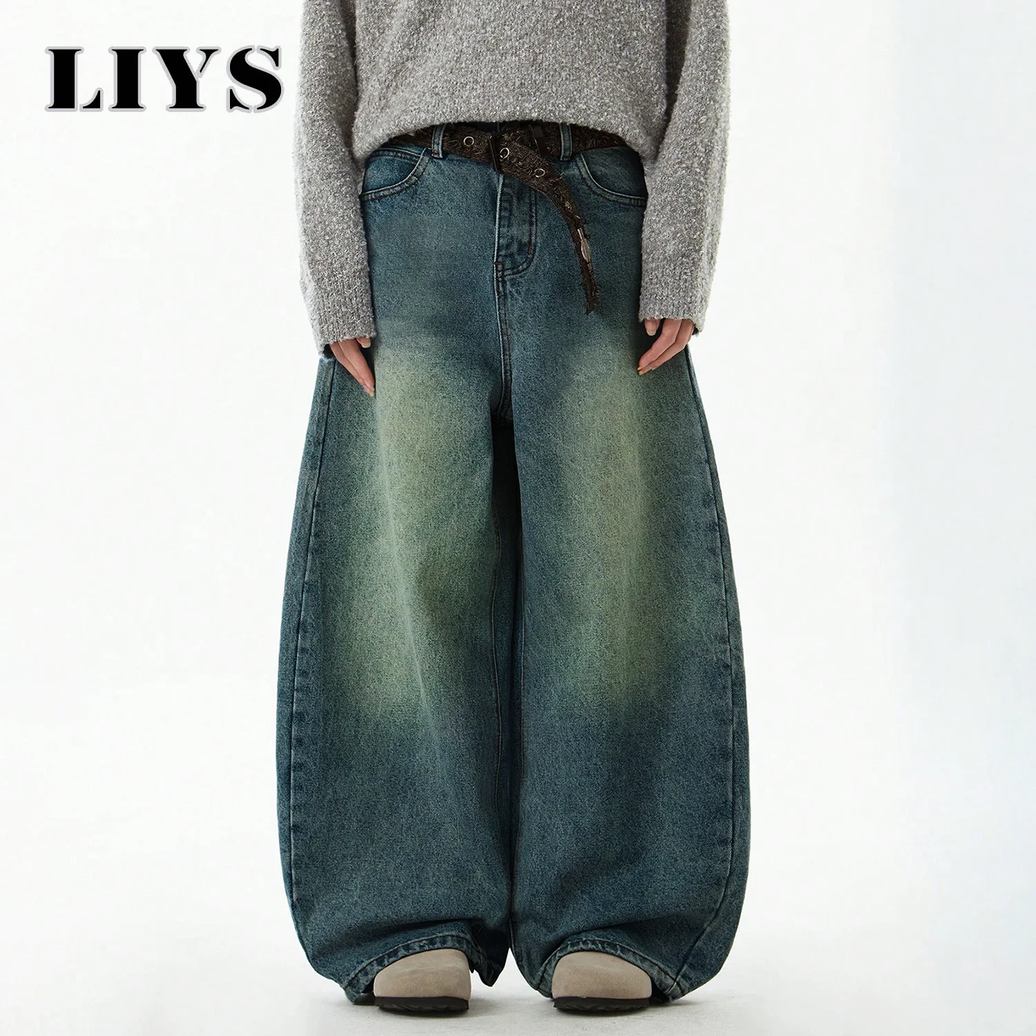 ملابس رجالية زرقاء واسعة الساق من قماش الدنيم السراويل الفضفاضة الجينز خمر ثلاثي الأبعاد قطع منحني سكين الجينز فضفاضة تناسب الصيف الاتجاه الجديد