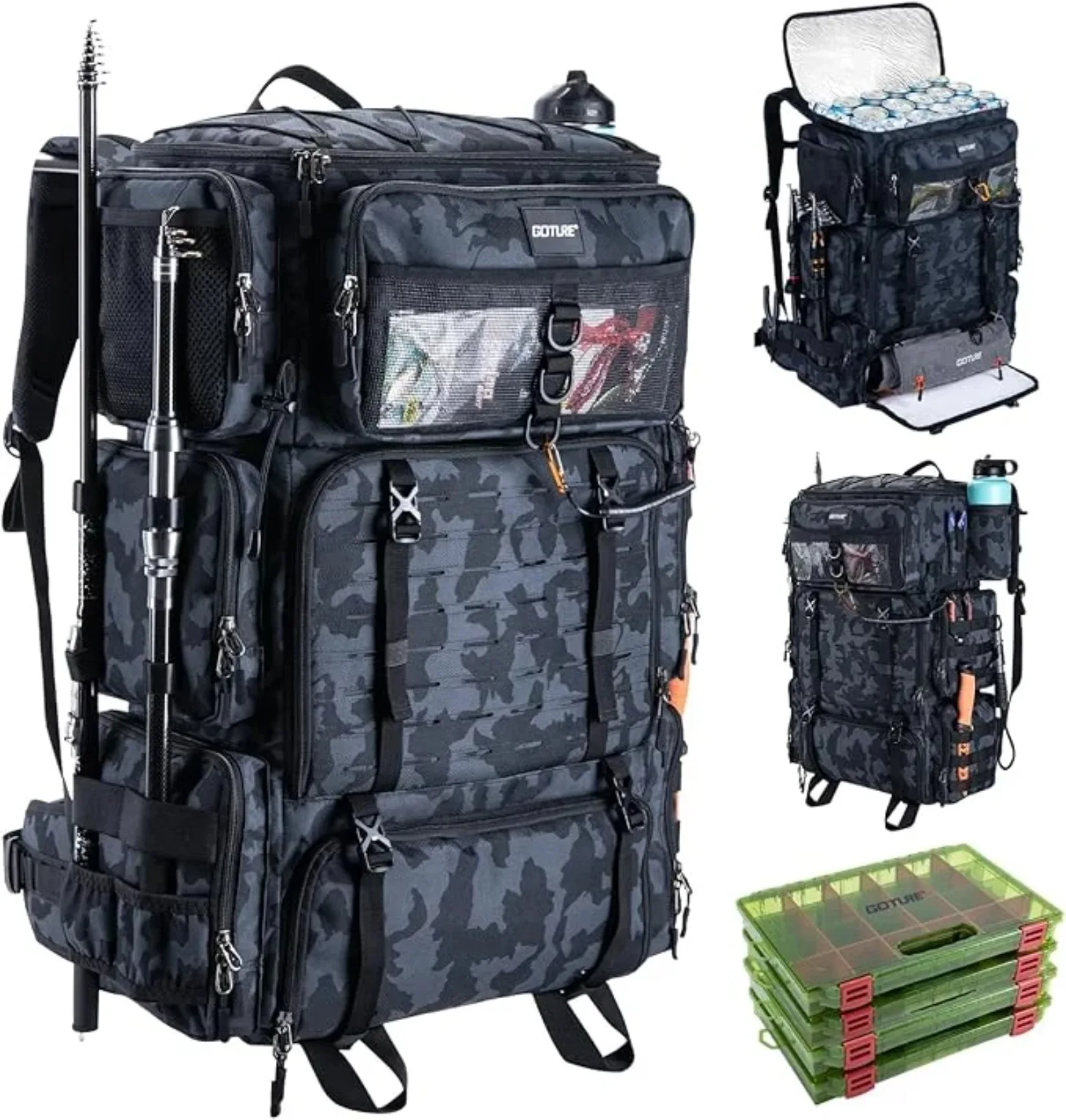 Goture 72L Large Capacity Waterproof Fishing Tackle Storage Bag with Rod Holder Detachable Divider for Outdoor Fishing Gear