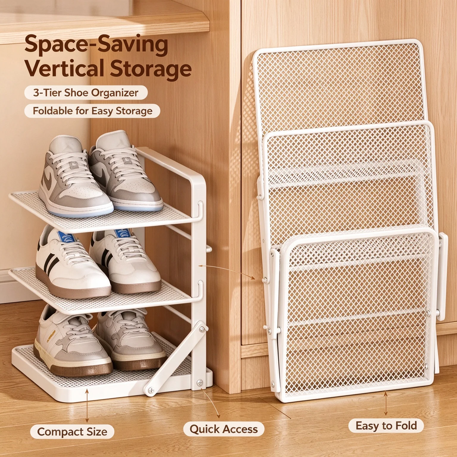 30cm Foldable Shoe Rack, 3/4/5 Tier Under Desk Shoe Storage Shelf, No Assembly Mesh Shoe Organizer for Dormitory Home