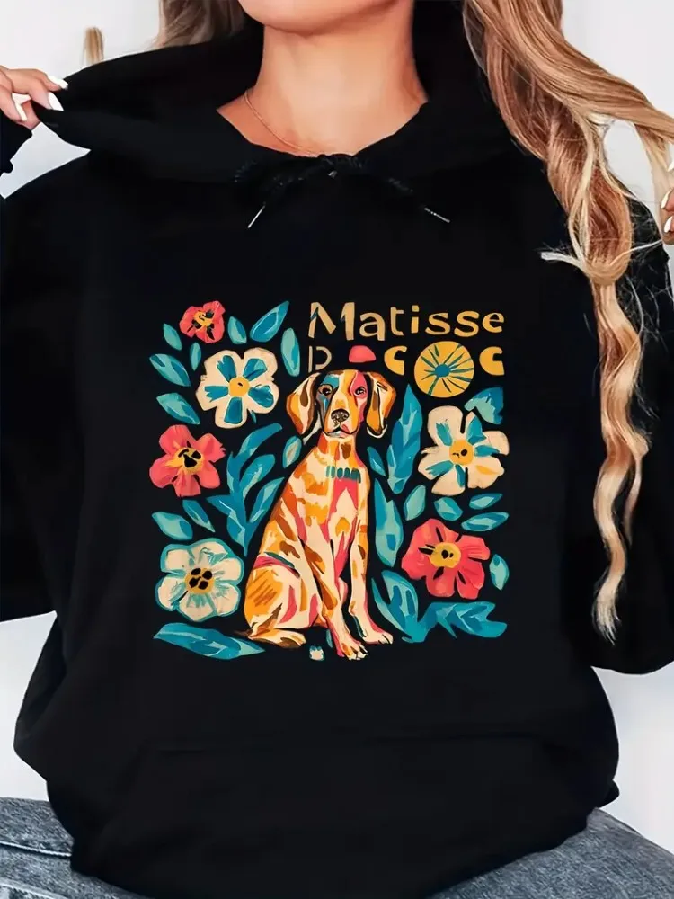 

Женская толстовка больших размеров с замечательной собакой и красивыми цветами, повседневный пуловер с капюшоном на шнурке, толстовка на осень и весну