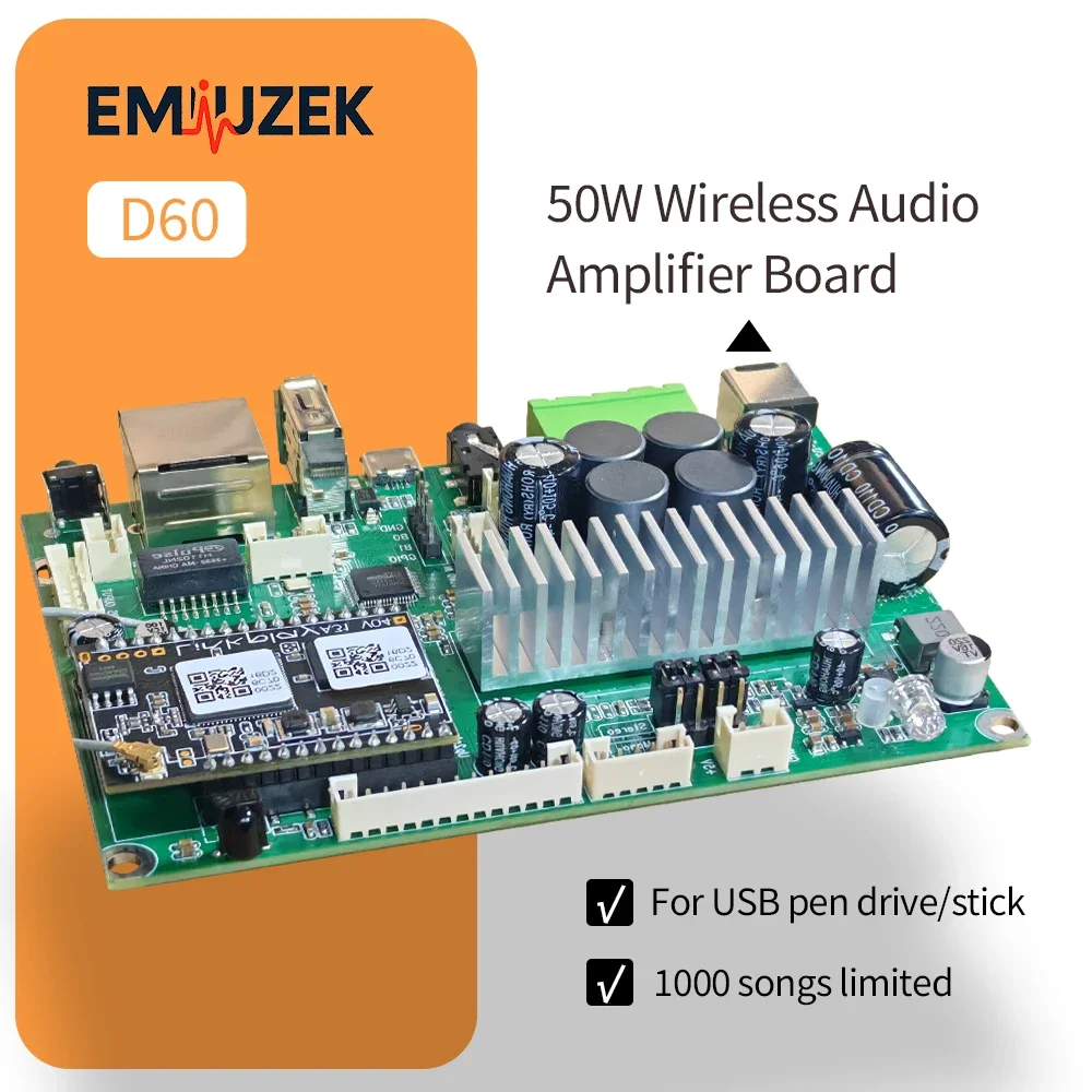

EMIUZEK AMP D60 50W*2 Wireless Audio Amplifier Board Multiroom Streaming Stereo DAC Decoding Hi-Fi Sound Amplifier