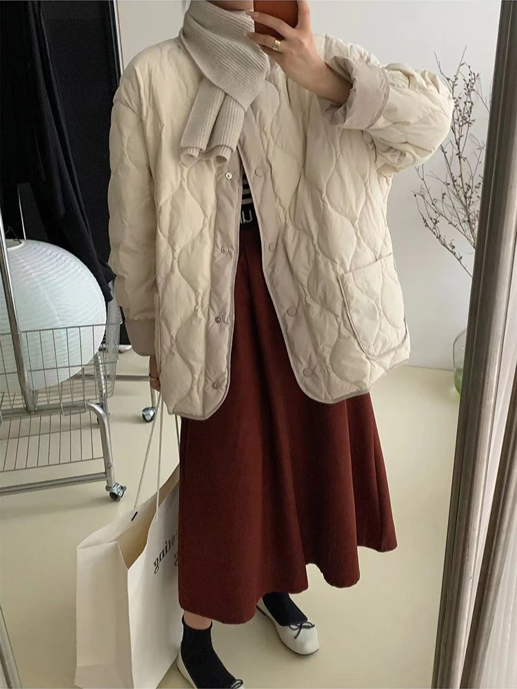 معطف نسائي فضفاض من القطن الدافئ بنمط الماس من Thiened النسخة الكورية برقبة دائرية وسترة قطنية مبطنة خفيفة الوزن #6