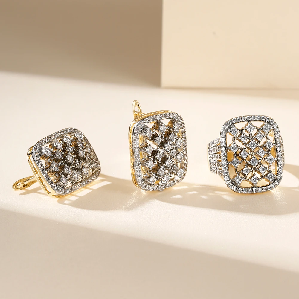 Hohle, quadratische, eingelegte Zirkon-Ohrringe und Ringe für Damen, dreiteiliger Modeschmuck, Bankett-Urlaubsdekoration, zweifarbiges Set