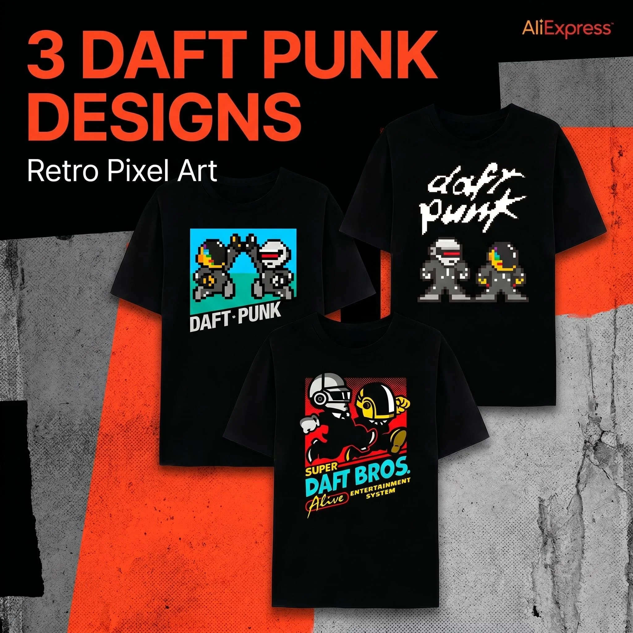 Daft Punk Pixel Graphic Tee Vintage Electronic Dance Music Casual Short Sleeve T-Shirt for EDM Fans