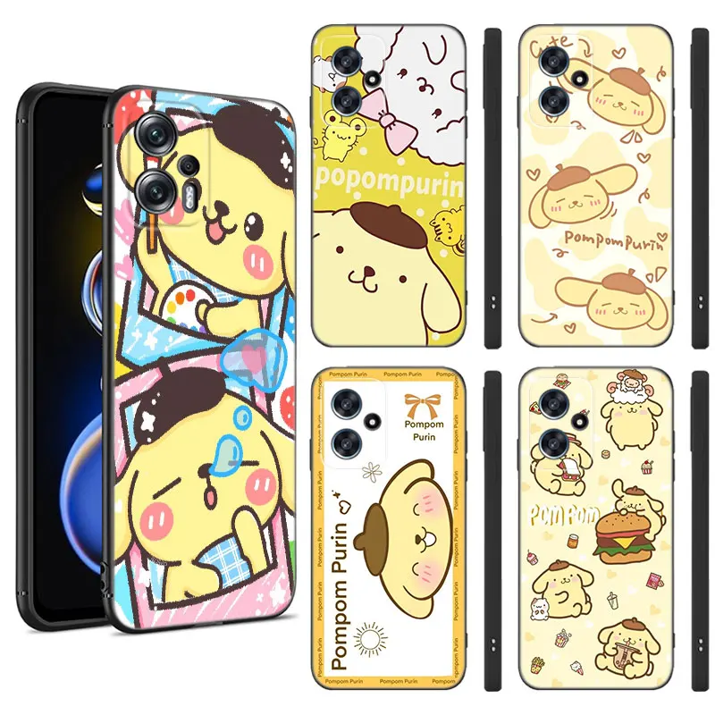 Cute Sanrio Pompompurin Black Silicone Phone Case For Xiaomi POCO X3 X4 NFC F3 F4 GT F5 M3 M4 M6 X5 X6 Pro 5G C55 C65 M5