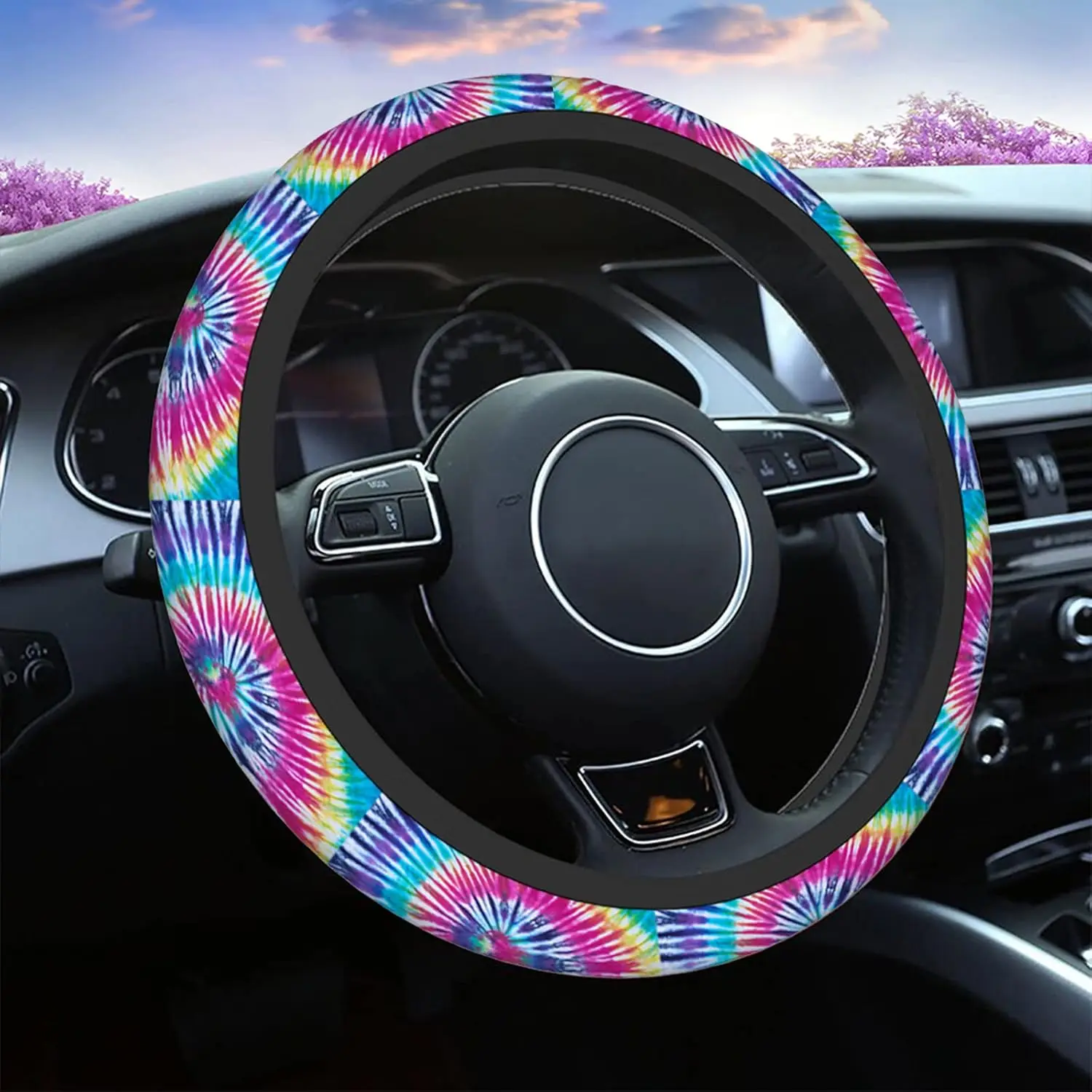 Tie Dye Car Steering Wheel Cover Universal 15 Inch with Grip Contours Spiral Tie Dye Pattern Background Neoprene Auto for