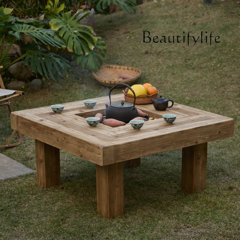 

Solid wood square stove tea table balcony household fire heating low table retro log wind coffee table