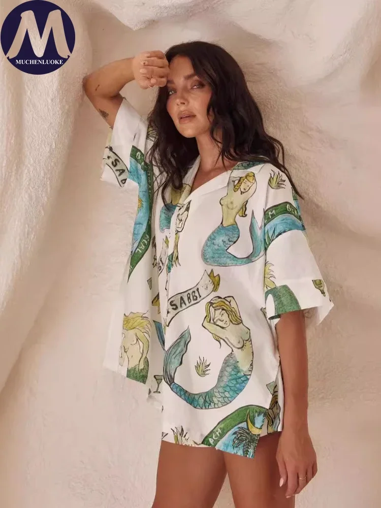 

2 Pieces Set for Woman 2025 Summer New Versatile Printed Half Sleeve Shirt Tops Suits Fashionable Casual Loose Short Sets
