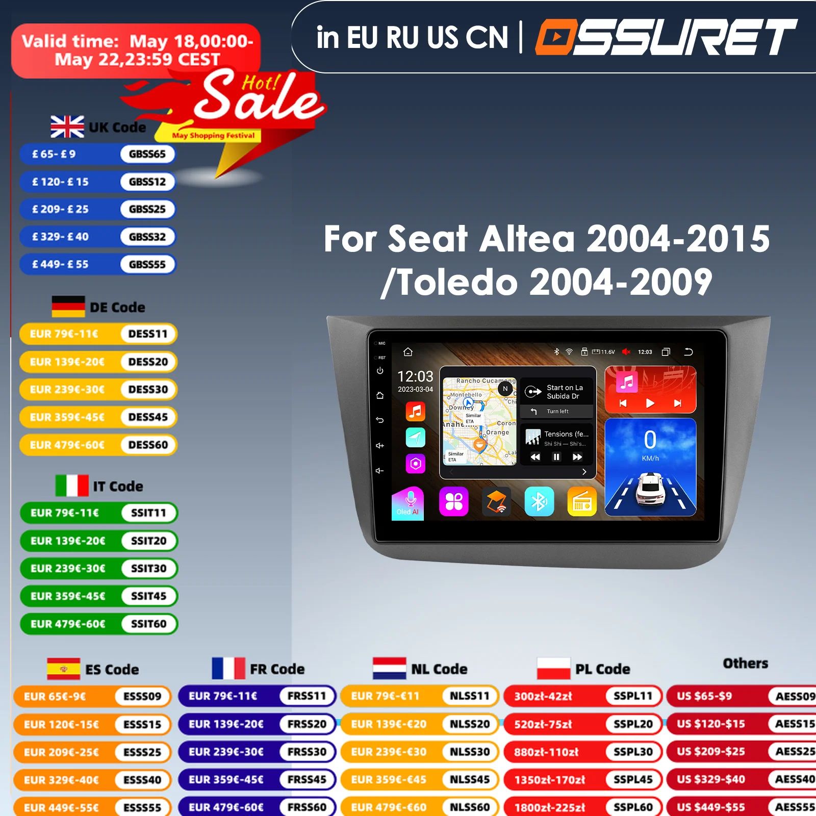 9'' 7862 Intelligent Screen Android 14 Car Radio Multimedia Video Player for Seat Altea for Toledo GPS Navi Carplay Auto 4G RDS