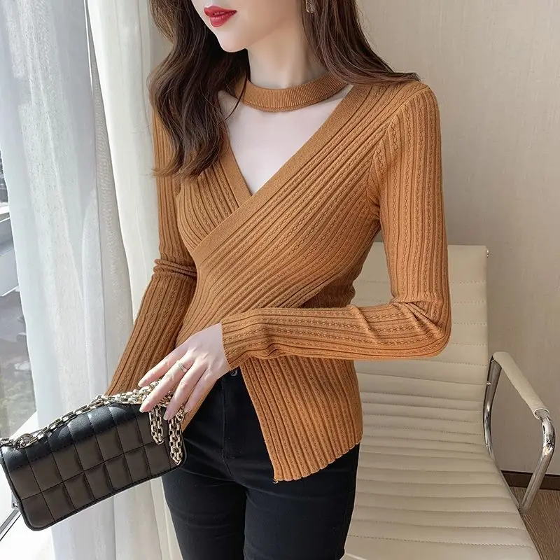 

Women Autumn and Winter Korean New V-Neck Pullover Knit Bottom Shirt Irregular Spliced Fitted Sweater Long Sleeve Tops