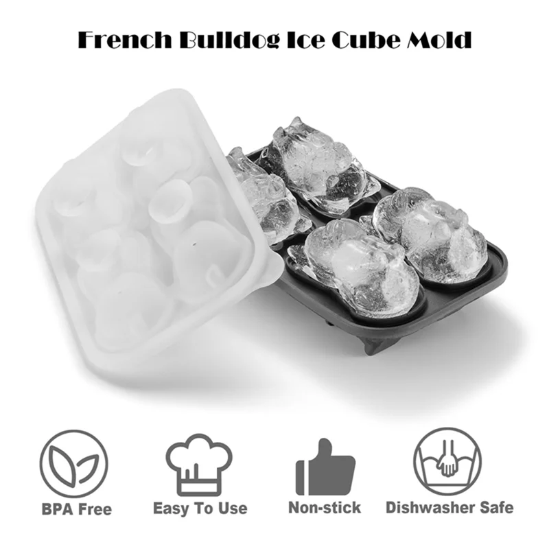 F-F Форма для кубиков льда для французского бульдога, 4-луночная забавная форма, лоток для кубиков льда для собак Frenchie Bull для виски, коктейля, черный бубон, прочный