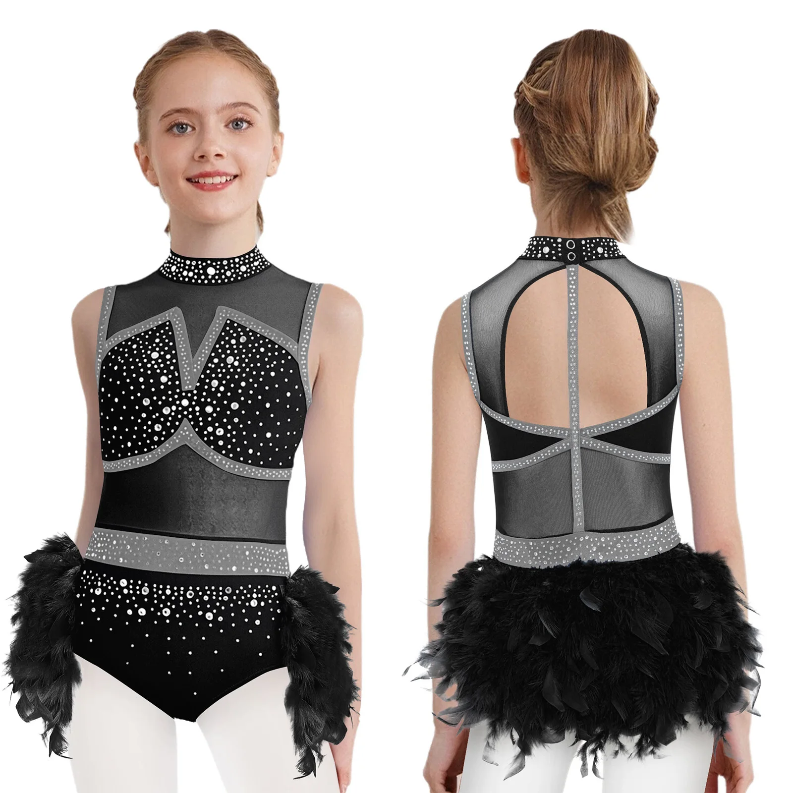 

Kids Girl Jazz Latin Dance Performance Costume Sleeveless Cutout Back Shiny Rhinestones Color Block Leotard with Feather Skirt
