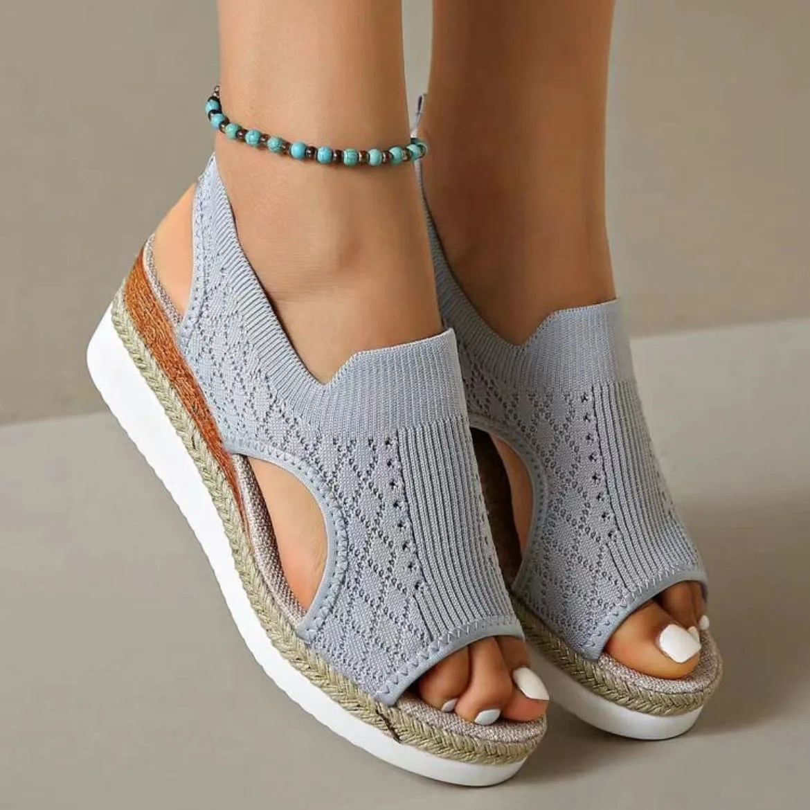 Summer New Fly-knit Fishmouth Sandals Mesh Breathable Wedge Sandals plus size Beach Sandals