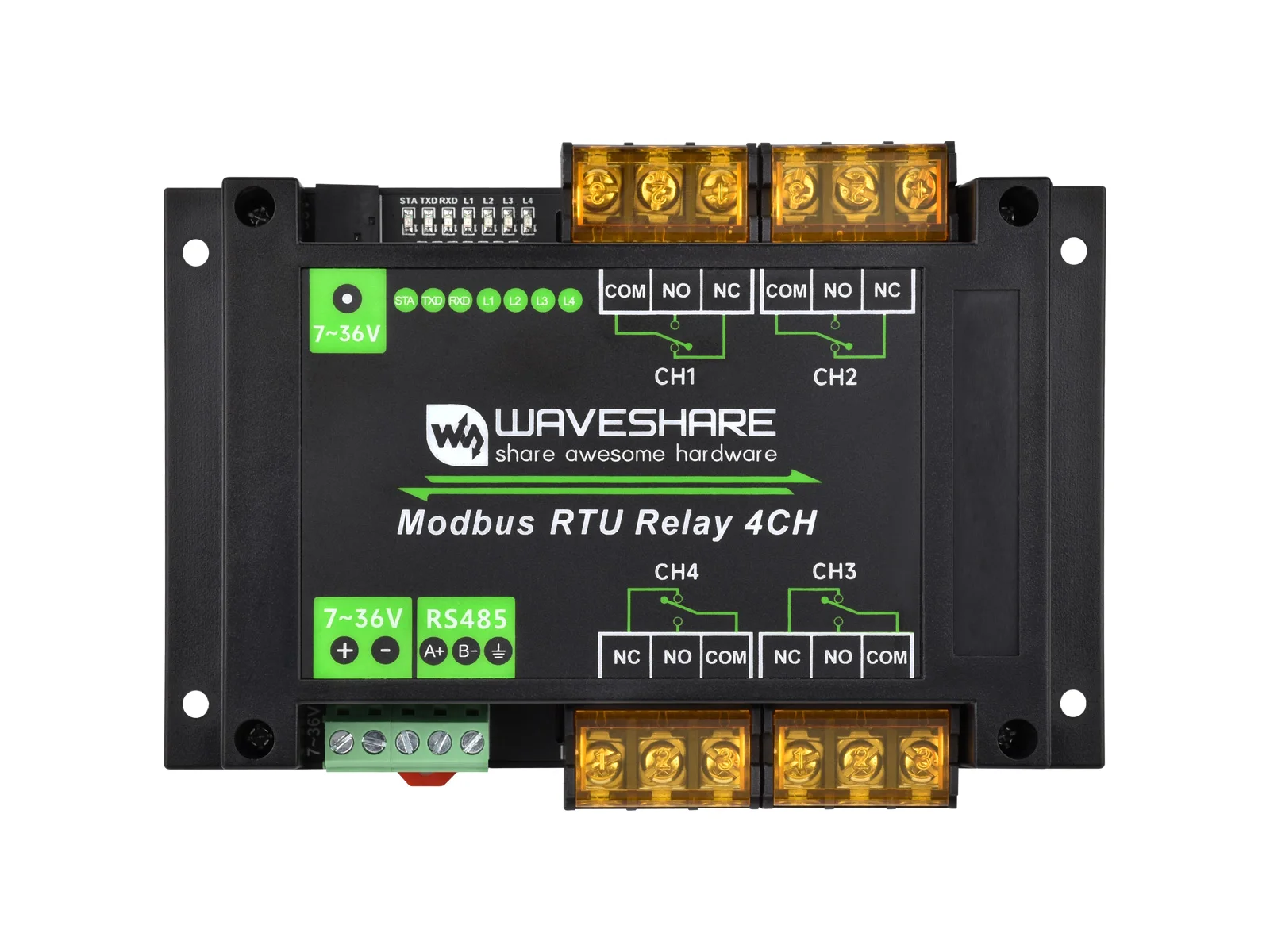 وحدة التتابع الصناعية Modbus RTU 4-ch مع واجهة RS485، تيار عالي 30 أمبير، مؤشرات LED على متن الطائرة، حماية متعددة العزلة