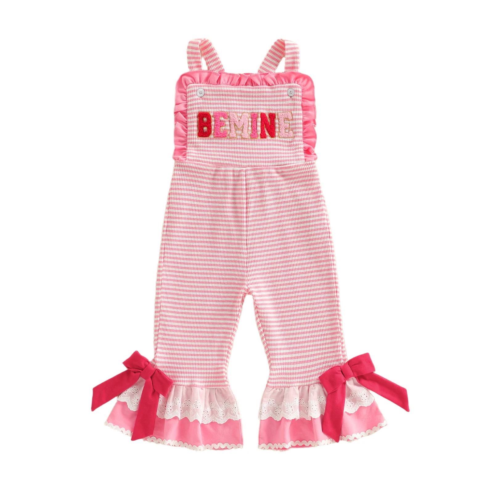 ملابس جمبسوت رائعة للفتيات الصغيرات من قماش الدنيم مع تطريز على شكل قلب وحاشية مكشكشة بدون أكمام ورقبة مربعة لعيد الحب