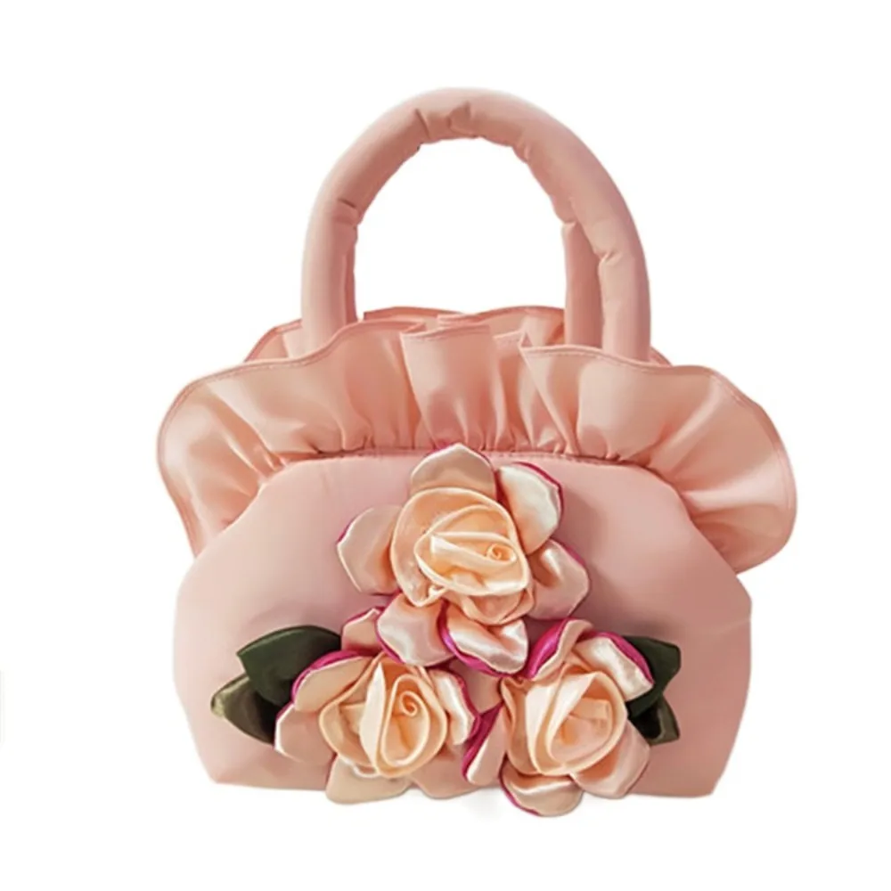 

Satin Silk Hanfu Flower Drawstrings Bag Ruffle Leaf Rose Flower Handbag Cosmetic Makeup Bag Wrist Bag Small Purse Wallet
