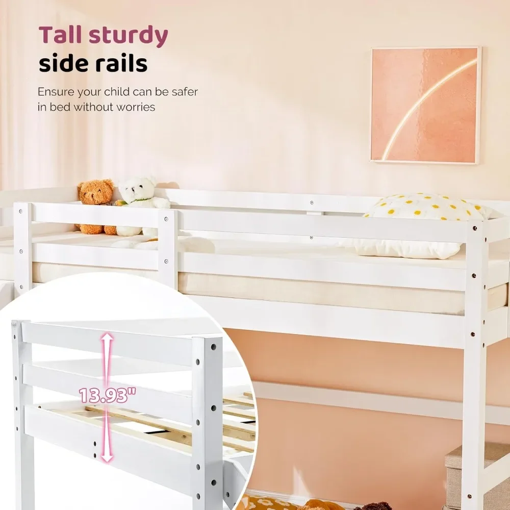 Loft Bed with Slide, Twin, Space Saving Kids Low Loft Bed with Guardrail and Ladder, Pine Wood and Sturdy Bed Frame