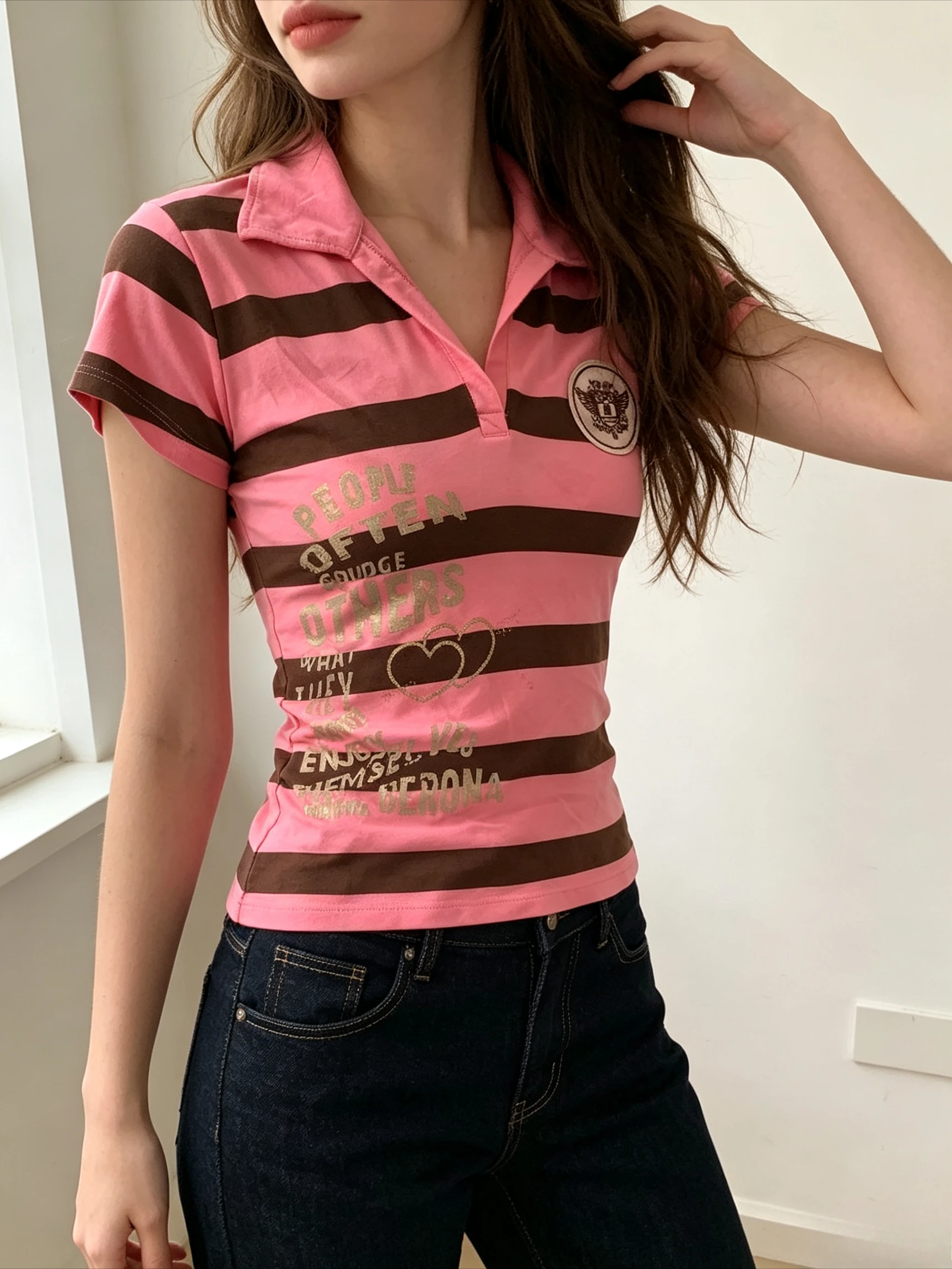 Pink Brown Stripe Polo Collar Short Sleeve Top Crest Badge Patch Letter Graphic Double Heart Print Slim Y2K Vintage Soft T Shirt