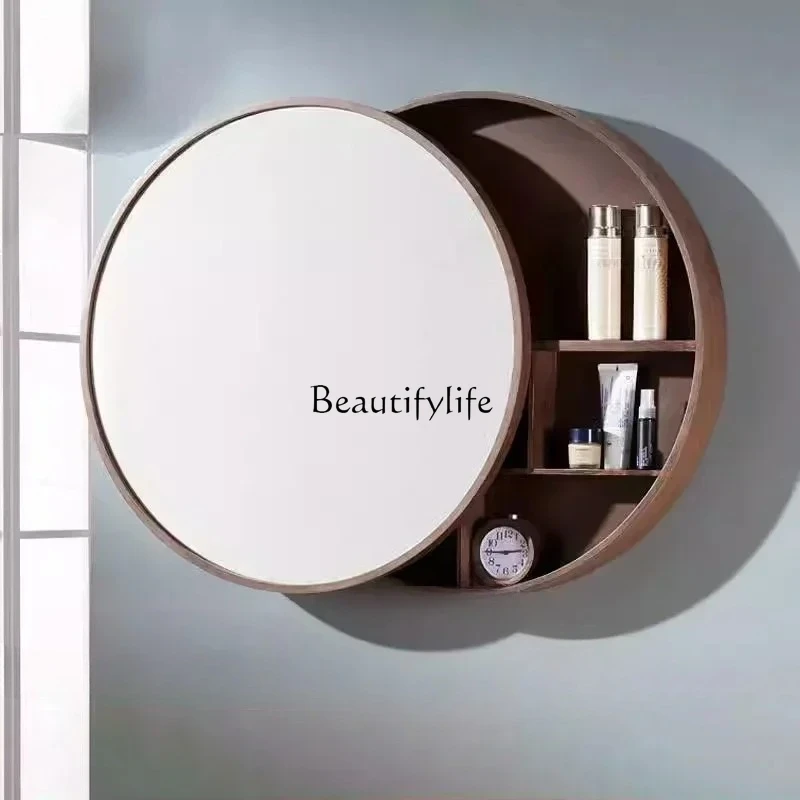 

Wall Mounted Bathroom Cabinet with Mirror Solid Wood Bathroom Mirror Cabinet Simple Round Storage