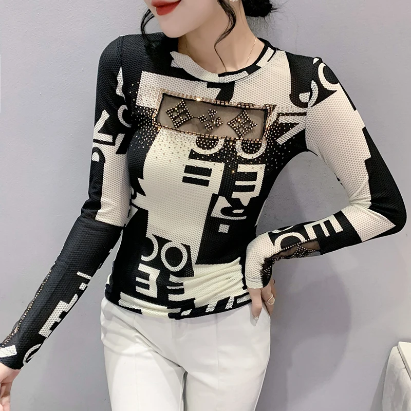 

Black Korean Style Fall T-Shirt Sexy Hollow Out Spliced Print Diamonds Women Tops Long Sleeve Drill Hand Made Tees 2024 New 4717